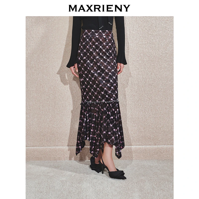【林一专属】MAXRIENY鱼尾半身裙冬新款法式玫瑰印花包臀长裙