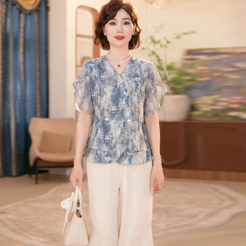 洋气中老年女装小衫T恤两件套中年妈妈国风夏装新中式上衣服套装