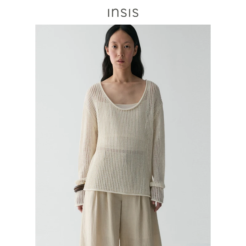 INSISFEMME和纸纱线2025夏季款度假感U领镂空搬花叠穿针织罩衫女