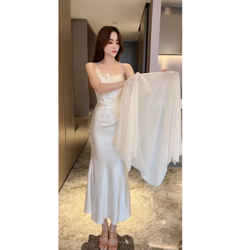 名媛风气质洋气光泽感花朵吊带连衣裙女中长款显瘦裙子潮