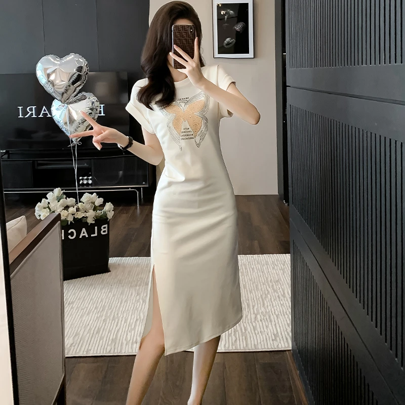 复古气质蝴蝶印花连衣裙2025女夏季新款高级感中长开叉修身裙子