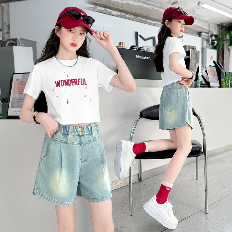 女童夏款打杆短裤套装儿童牛仔洋气高腰夏季外穿宽松中大童