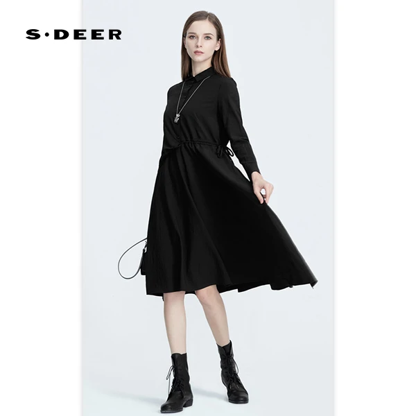 sdeer圣迪奥女装时尚气质休闲翻领收腰拼接衬衫长连衣裙S20481219