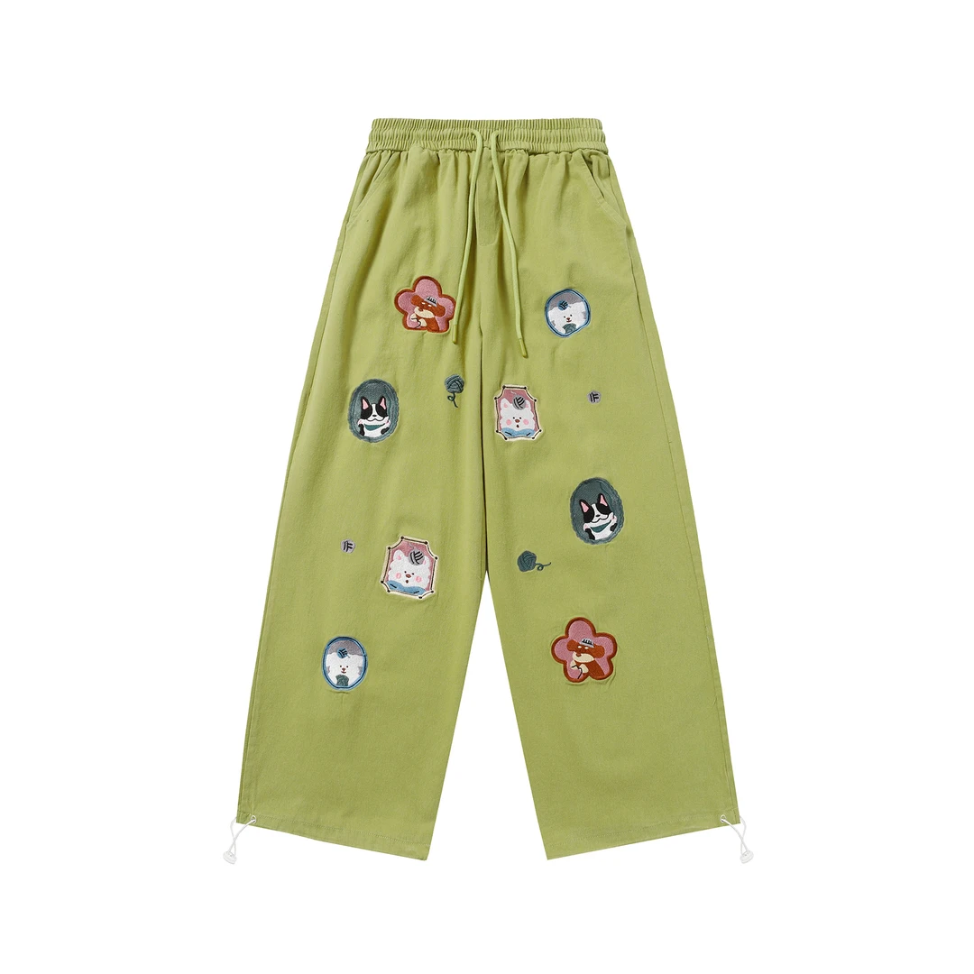 凛可爱 春夏卡通可爱刺绣休闲直筒裤宽松百搭高腰阔腿长裤女