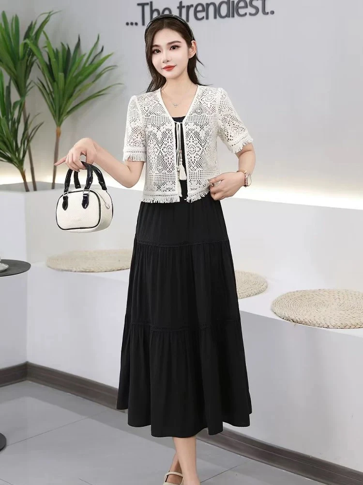 琴格格家2913小香风蕾丝披肩➕吊带裙两件套时尚黑丝连衣裙套裙