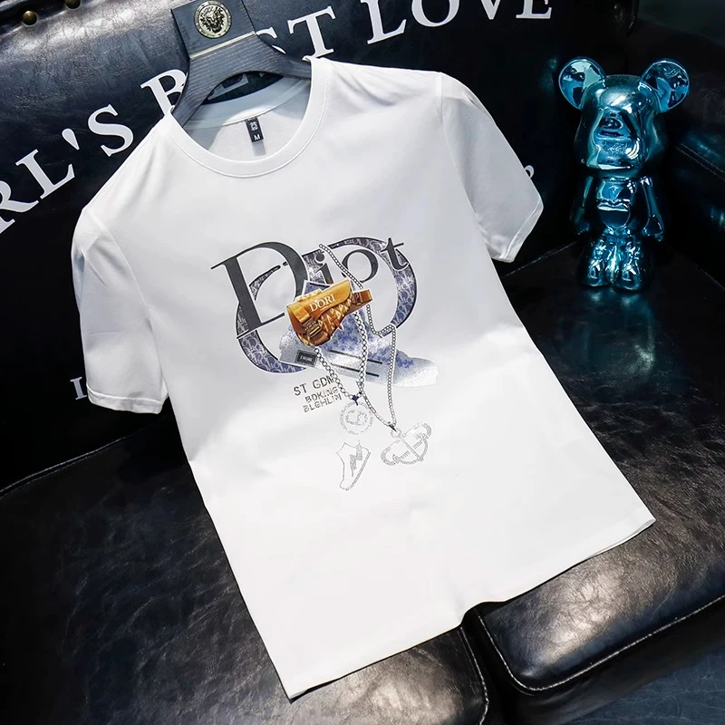 欧货丝光棉圆领短袖t恤男士夏季新款时尚印花烫钻潮牌修身半袖男