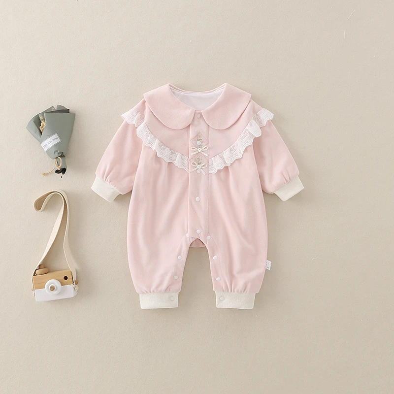 婴儿女宝宝春装连体衣韩版公主风蝴蝶结满月礼服新生儿春秋爬爬服