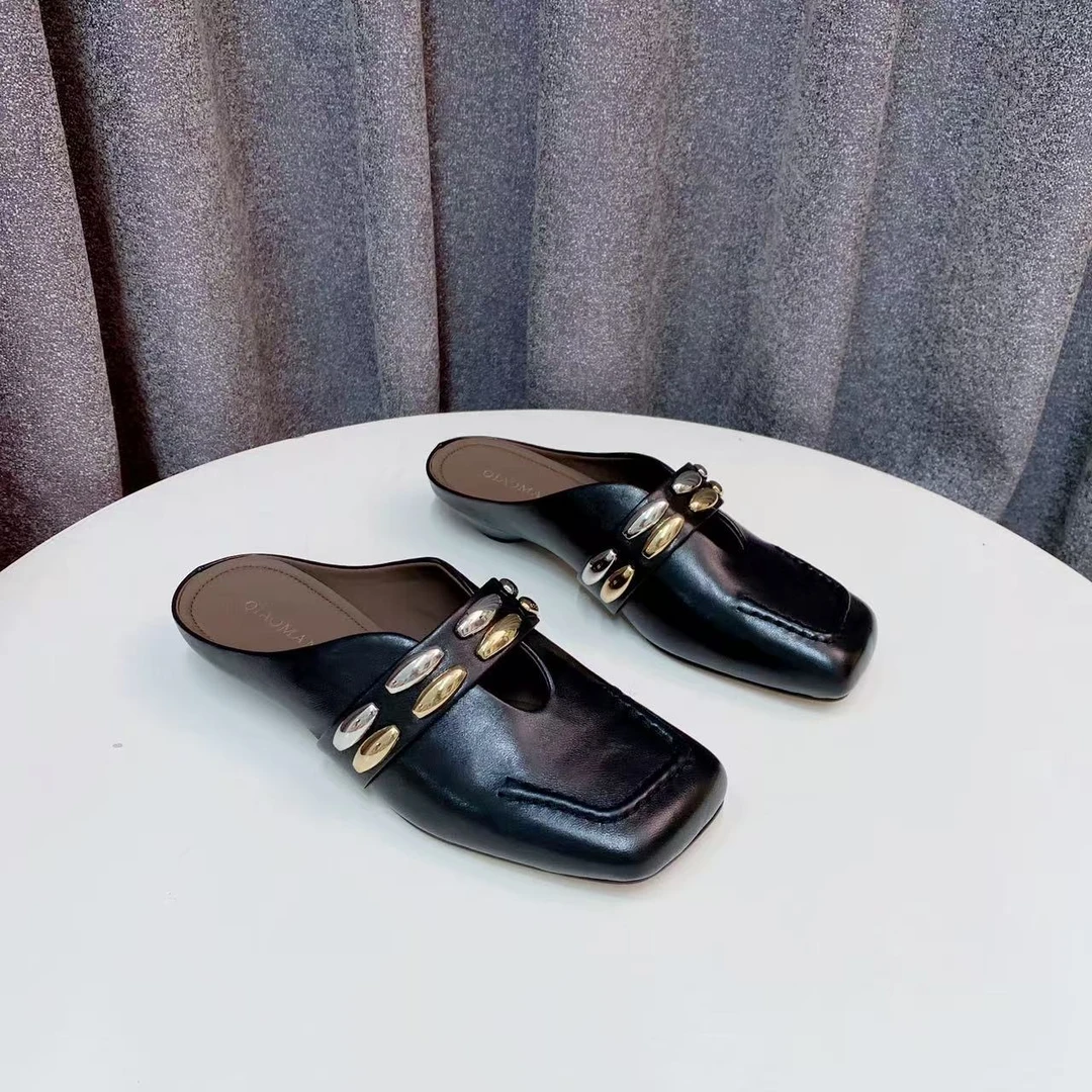 QMS1024-2565HS 黑色 夏季气质时尚方头舒适低跟包头凉拖鞋