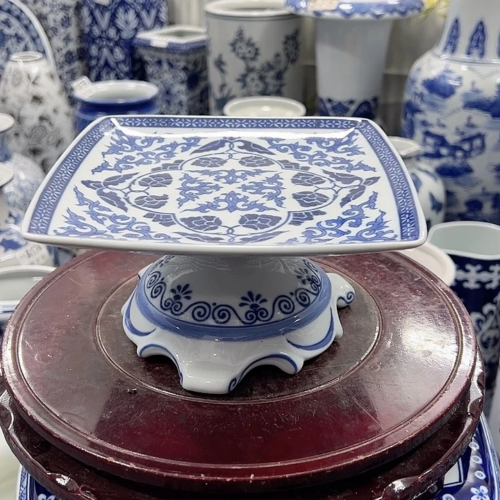 摆件手工手绘高温釉下彩家居摆件，高脚果盘