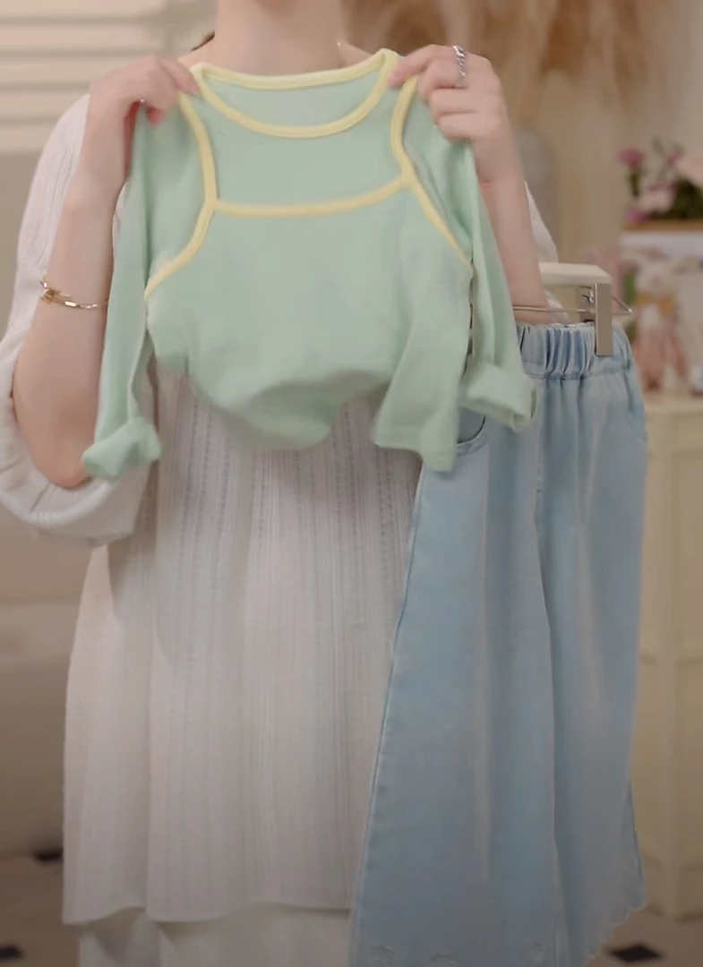 2025春季韩版儿童假两件吊带上衣蕾丝牛仔裤套装时尚