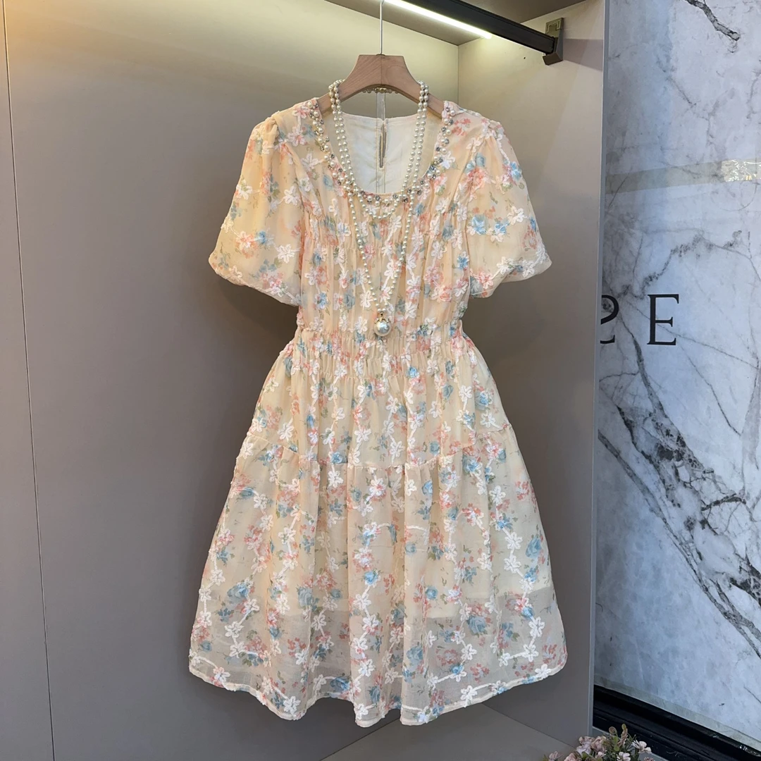 2025欧货韩系甜美碎花重工钉珠收腰褶显高显瘦减龄大码连衣裙3269
