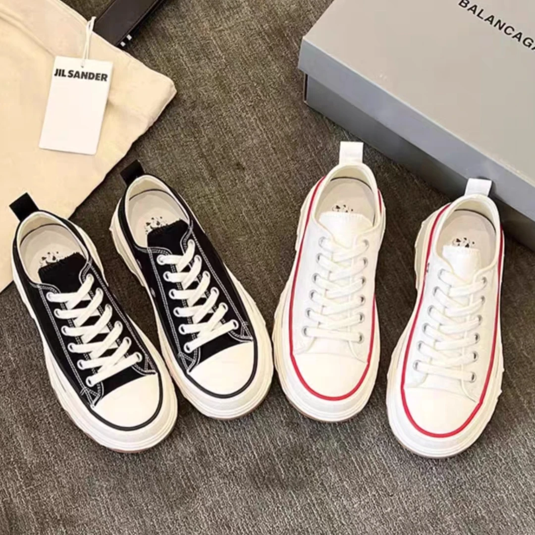 松糕厚底帆布鞋春秋季增高鞋子黑色小众松糕鞋百搭休闲鞋