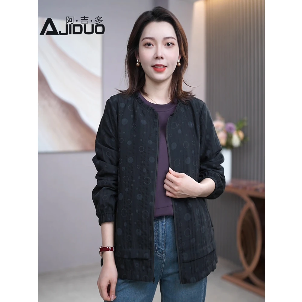 女士黑色长袖短外套春装2025新款木耳领通勤时尚夹克大码波点上衣