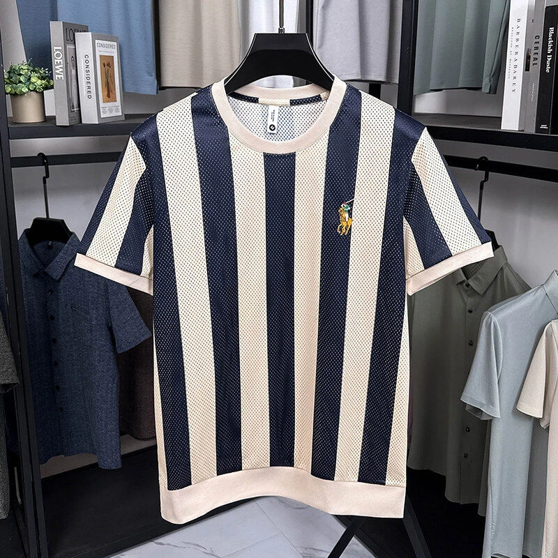 夏季高奢太古里圆领T恤男士刺绣镂空竖条纹舒适休闲短袖2577
