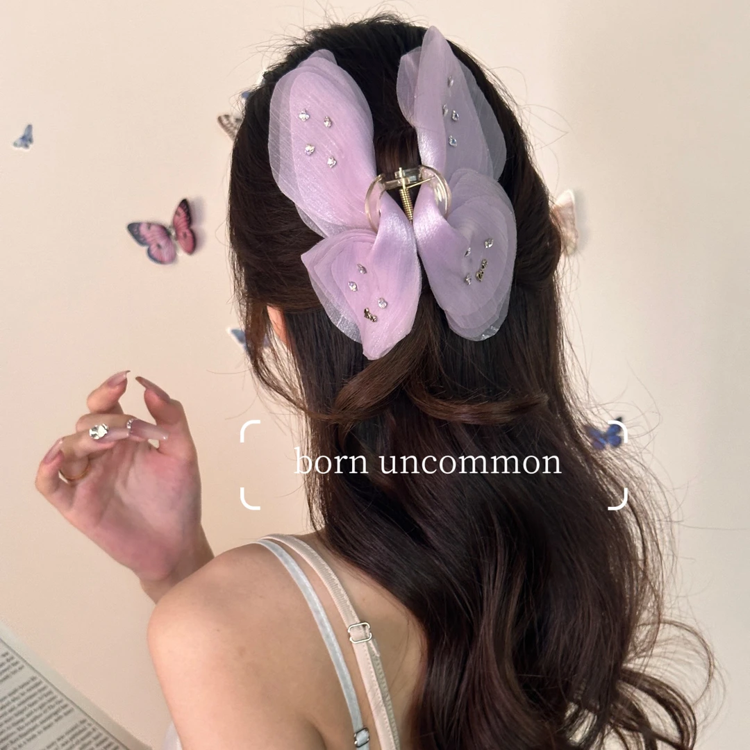 超仙雪雾迷蝶薄纱闪钻蝴蝶抓夹女后脑勺鲨鱼夹超大号发夹头饰发卡