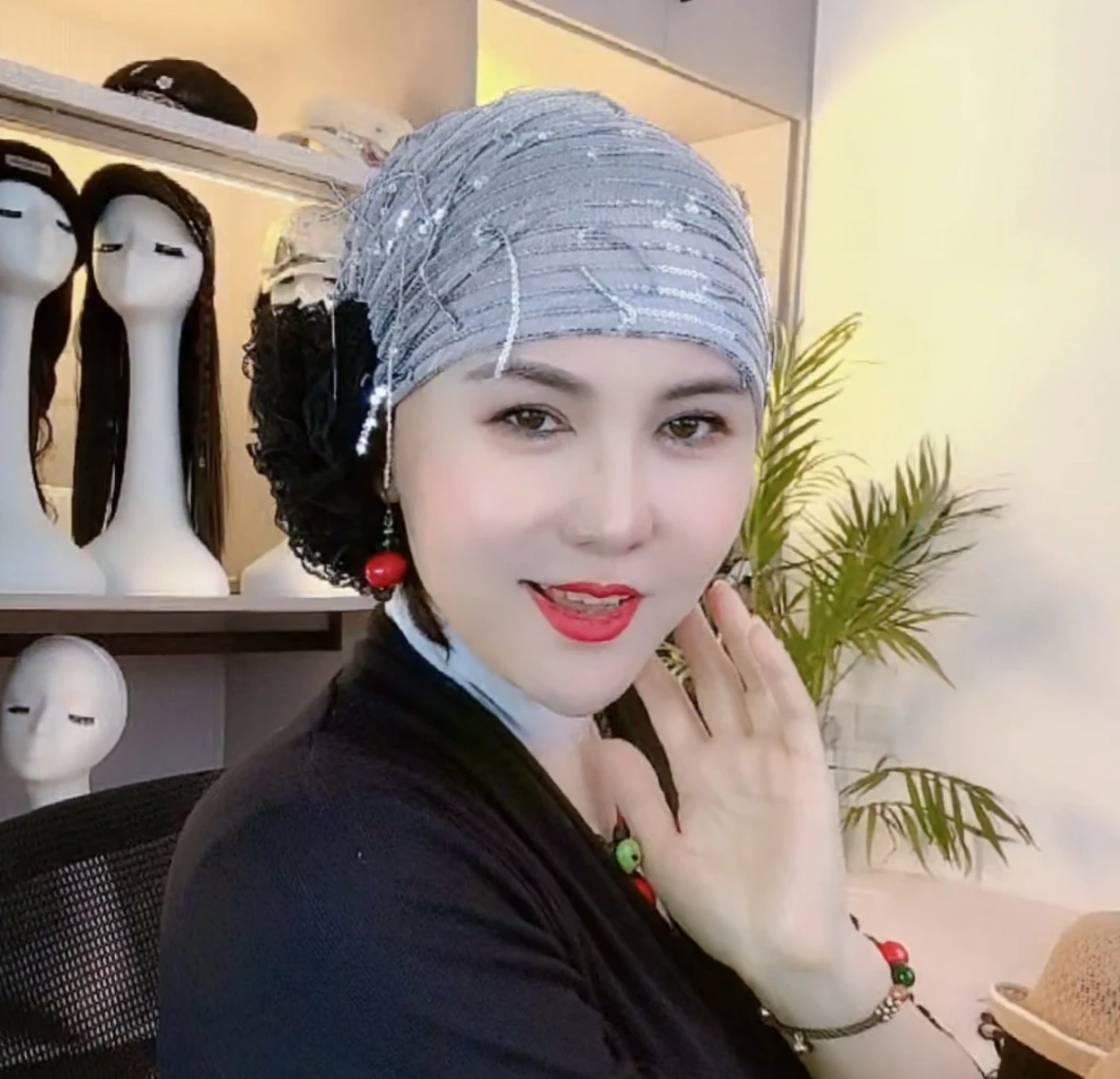 遮白发包头帽女新款流苏亮片头巾帽百搭头饰民族风头巾帽减龄洋气