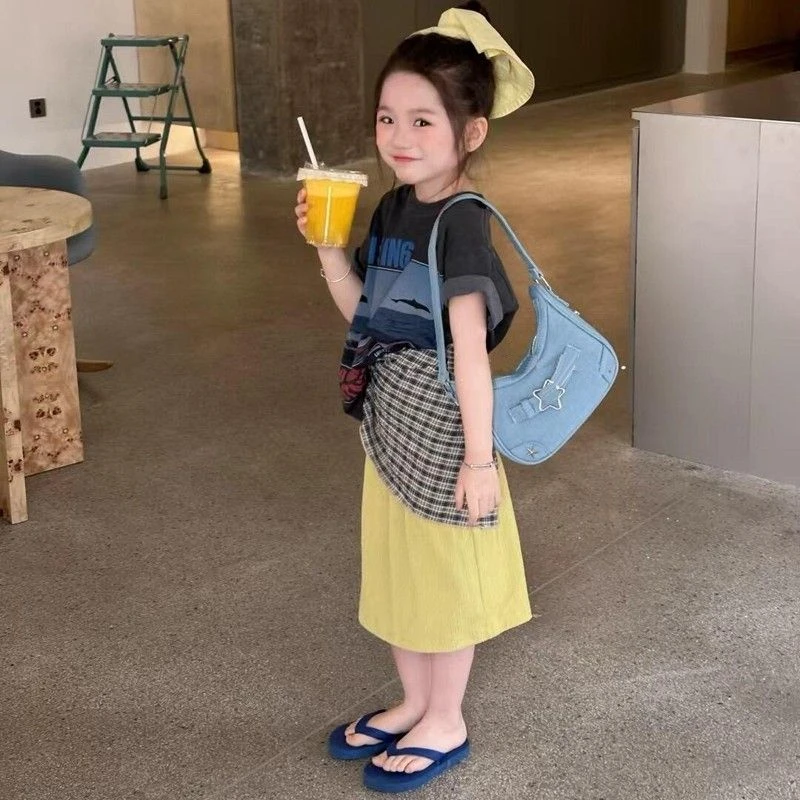 女童夏装套装2025新款洋气时髦儿童kt猫印花宽松短袖T恤黄色半裙