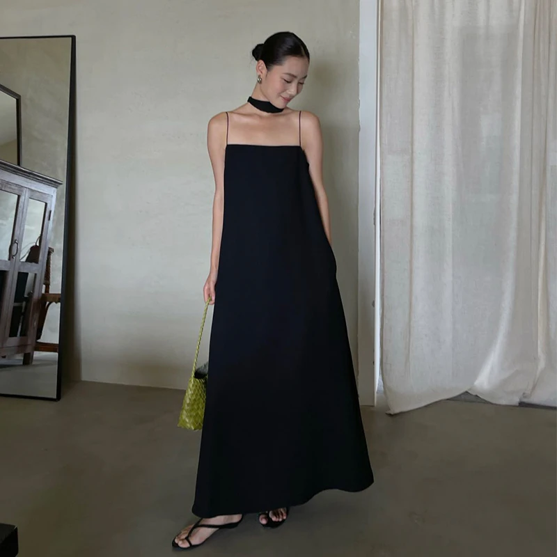 PURITYYH小众简约黑色高级感抹胸式细肩带时尚气质显瘦轻奢长裙