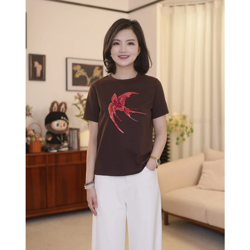 阿楠anan 涅槃重生燕子剪影印片圆领短袖T恤女春夏季新款套头上衣