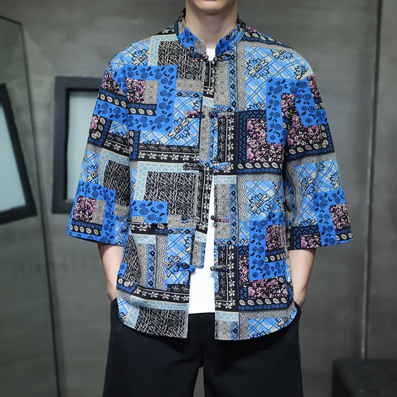 夏季唐装中国风复古印花盘扣亚麻T恤大码上衣短袖衬衫棉麻男衬衣