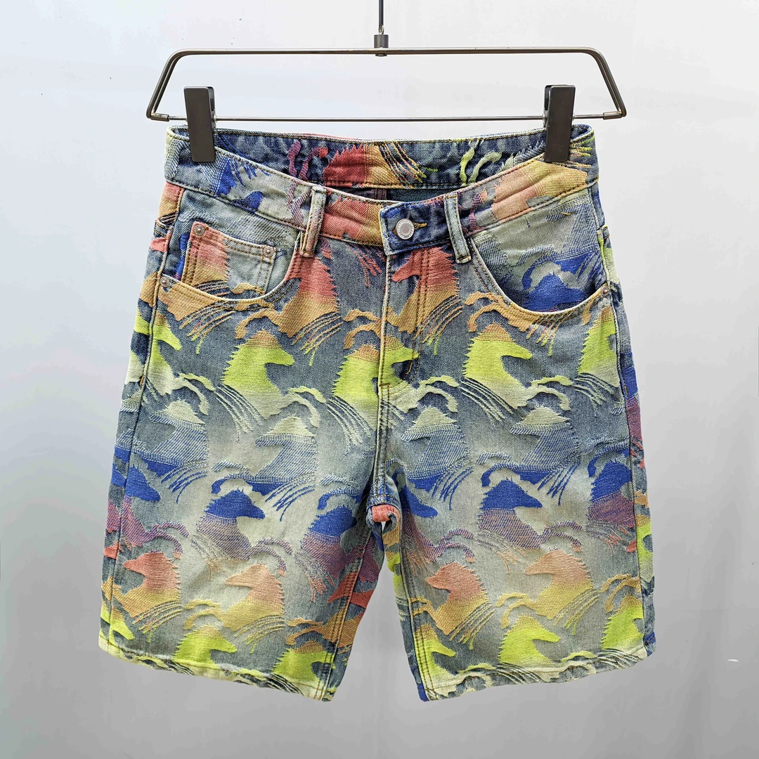 潮牌七彩提花夏季薄款牛仔短裤男士百搭花式中裤五分牛仔裤马裤子