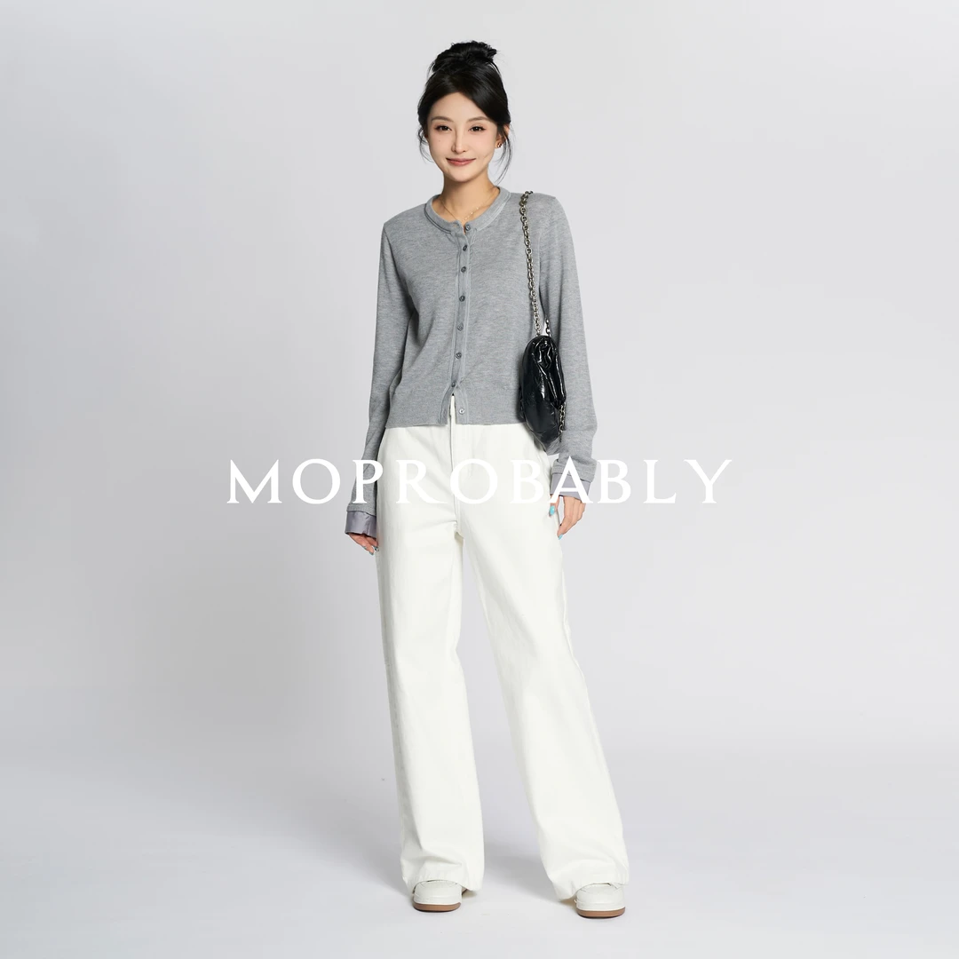 Moprobably李予诺「罗灰缎衫」极简风纯色拼接针织开衫L4377324