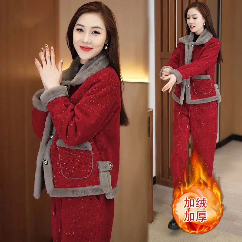 加绒加厚休闲时尚套装女士2025秋冬季新款洋气保暖棉服外套两件套