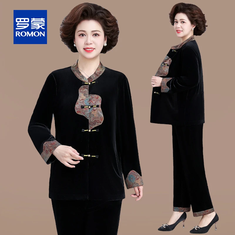 罗蒙新中式妈妈春装金丝绒套装高贵中老年春秋外套中国风上衣女