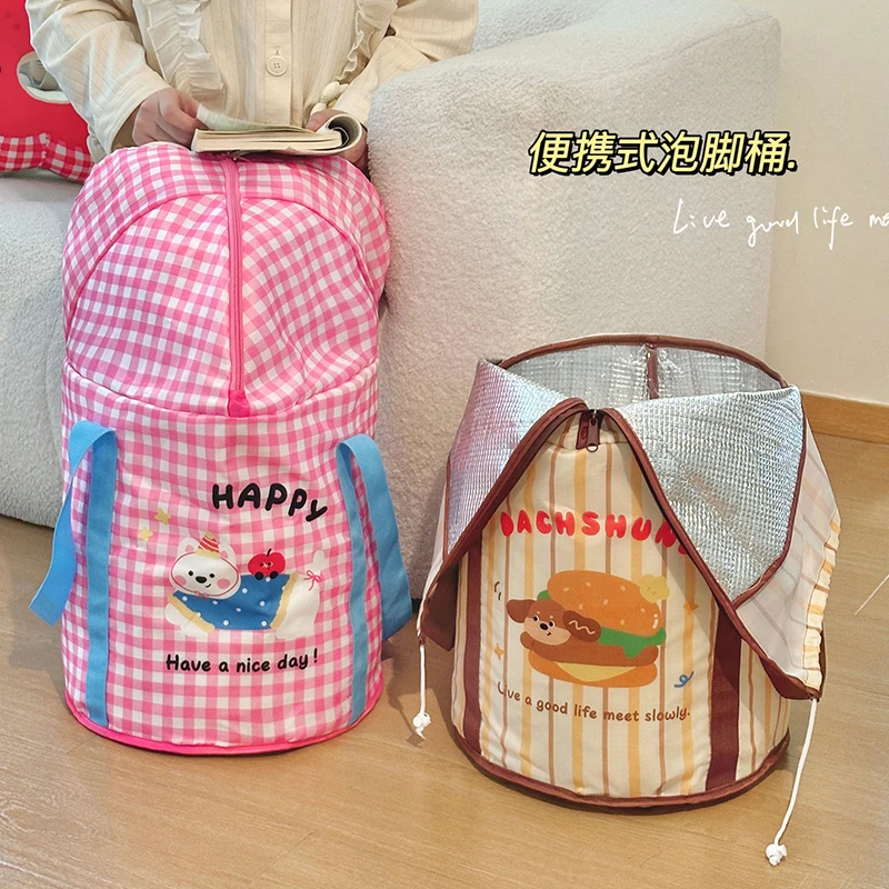 卡通折叠泡脚桶冬季保温加高过小腿洗脚家用宿舍便携手提洗脚袋XG