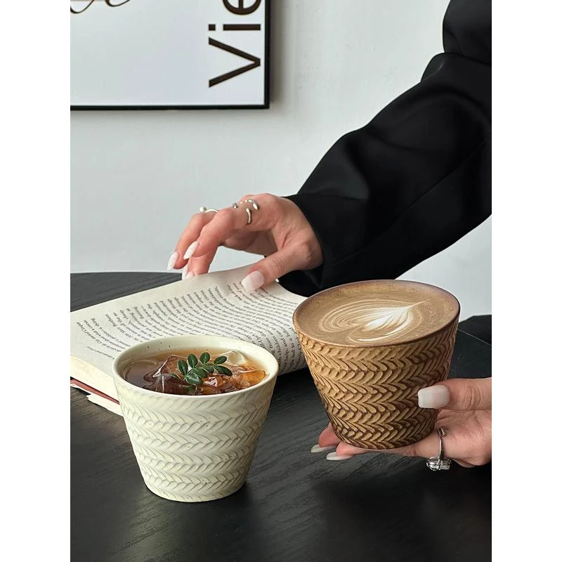 复古浮雕麦穗粗陶咖啡杯日式窑变釉猪口杯高颜值拿铁拉花杯茶杯子