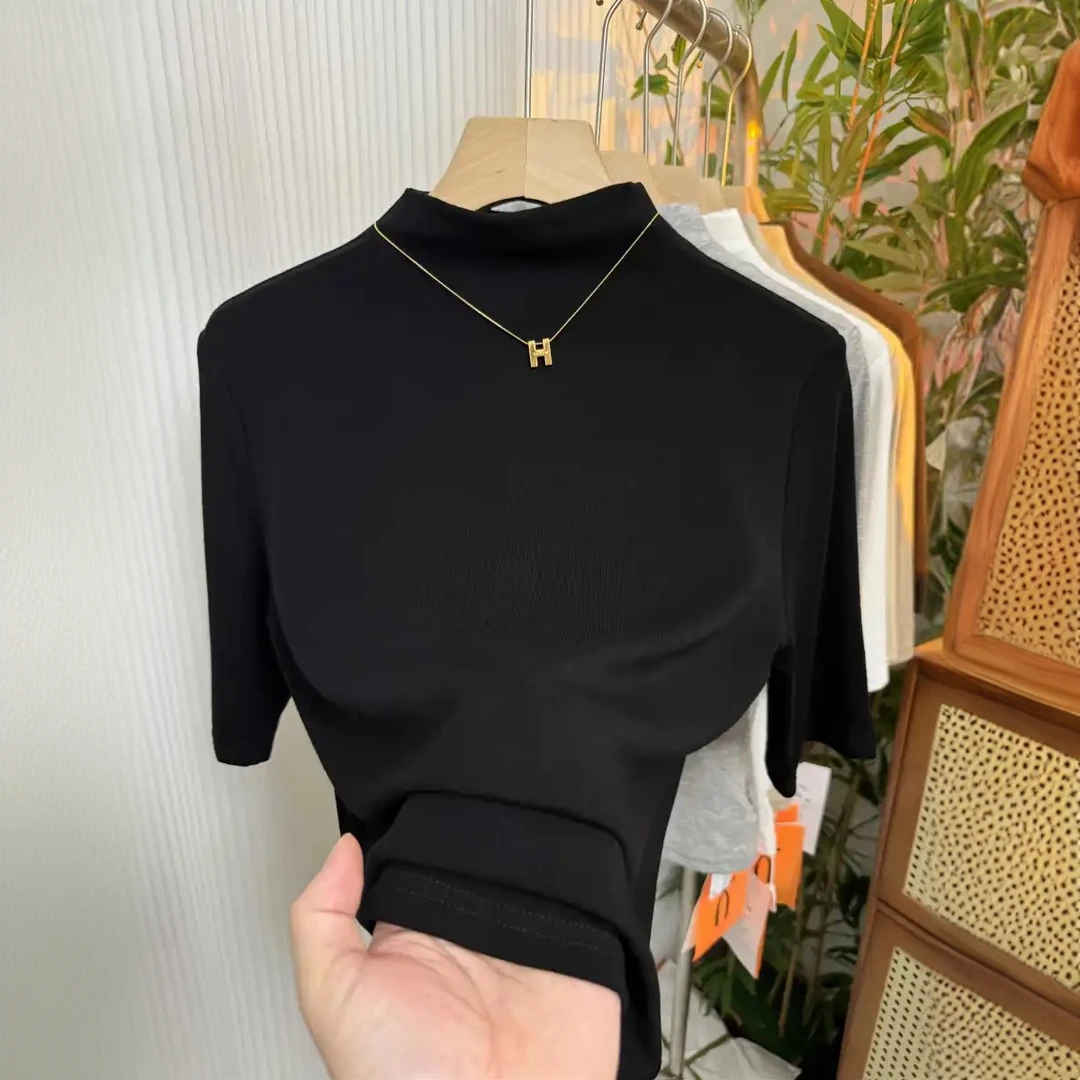 黑色半高领显瘦中袖打底衫女秋冬打底内搭新款洋气内搭五分袖上衣