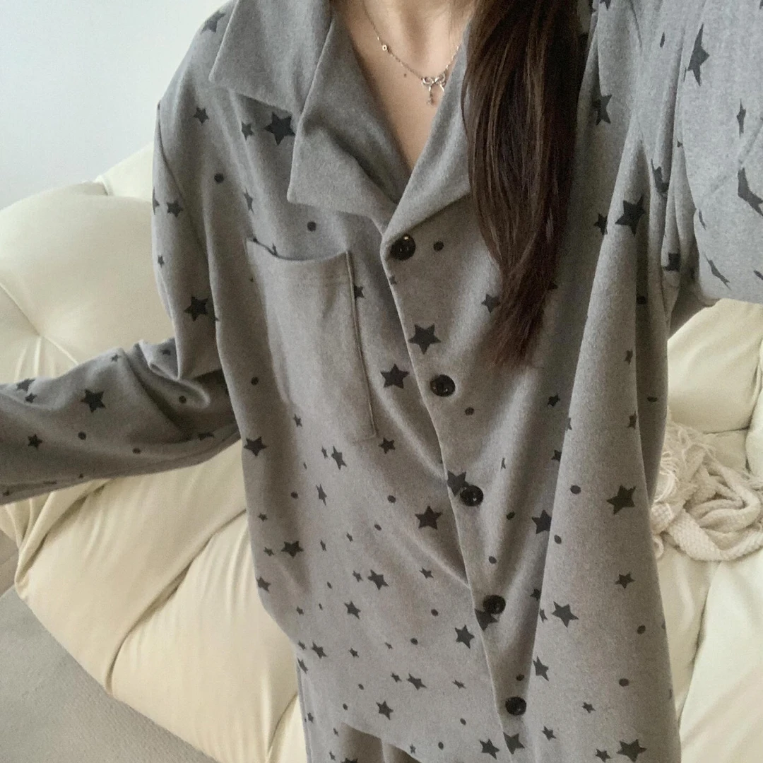 灰色星星德绒保暖长袖长裤睡衣女秋冬季可外穿家居服套装