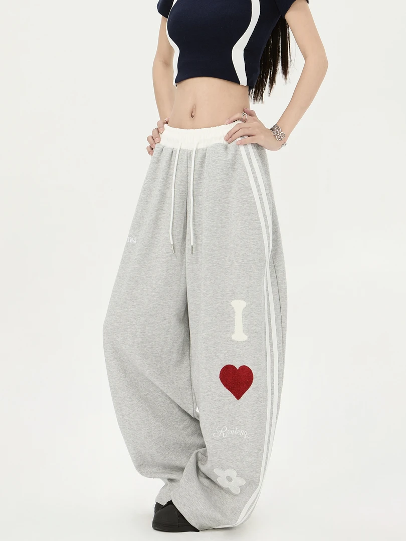 美式复古条纹字母爱心慵懒卫裤女潮牌阔腿抽绳宽松跳舞休闲裤子