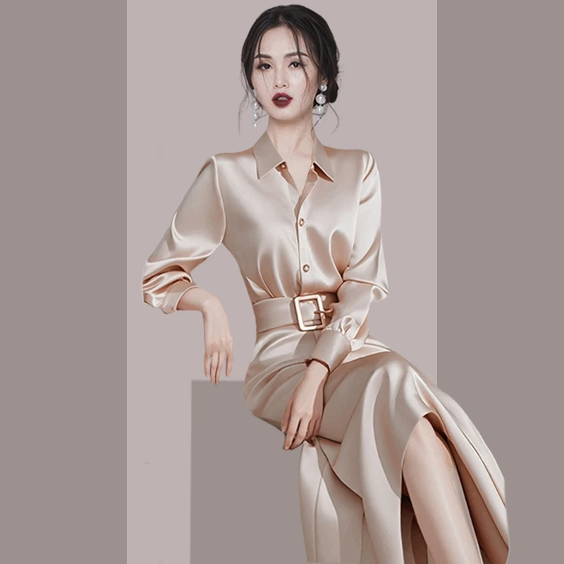 春季轻奢气质女神范高级感气场强大正式场合法式缎面连衣裙子