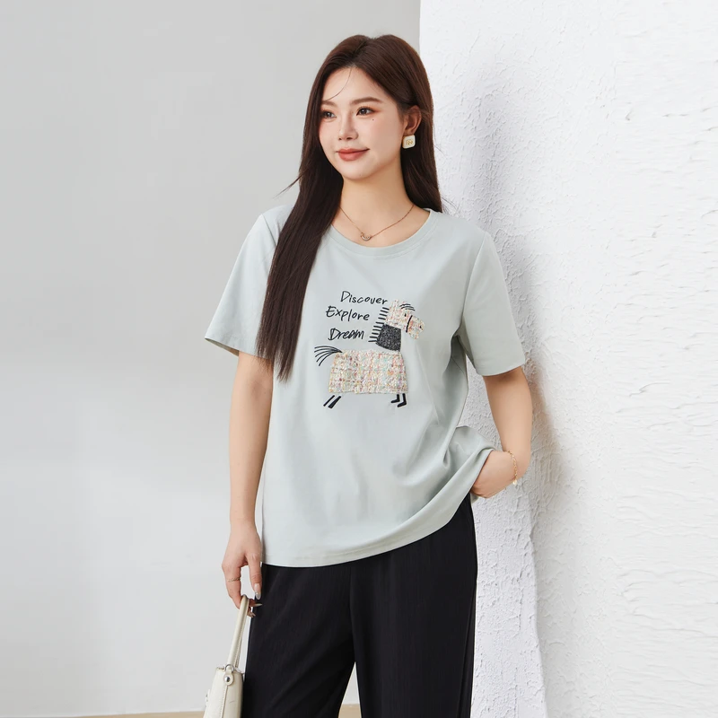 采多宝大码女装圆领重工刺绣个性减龄斑马T恤 EXZ5017