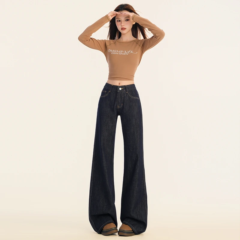 复古深蓝色微喇女2025春夏新款宽松垂感不贴腿拖地喇叭