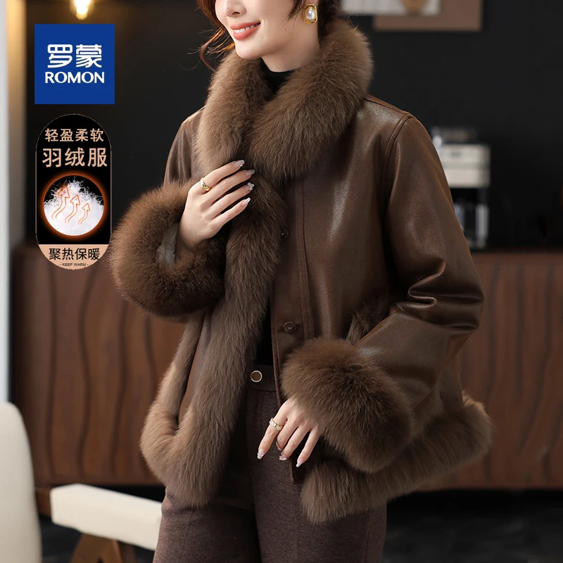 罗蒙气质妈妈冬装羽绒服女新款时尚大毛领皮毛一体中年保暖外套