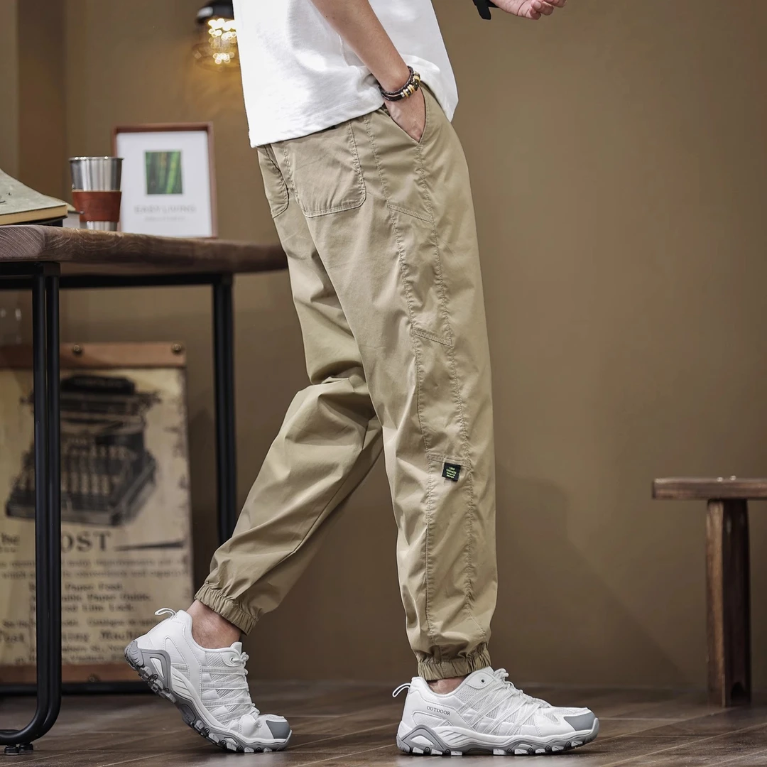 夏季薄款冰丝束脚裤男宽松大码工装裤潮牌速干运动哈伦休闲裤子男