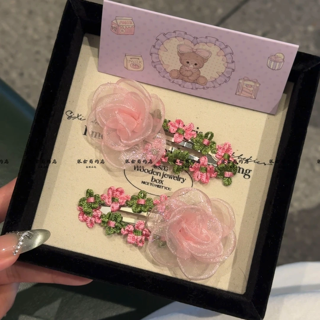 超仙网纱花朵发夹甜美粉色头花田园风氛围感刘海夹少女心侧边BB夹