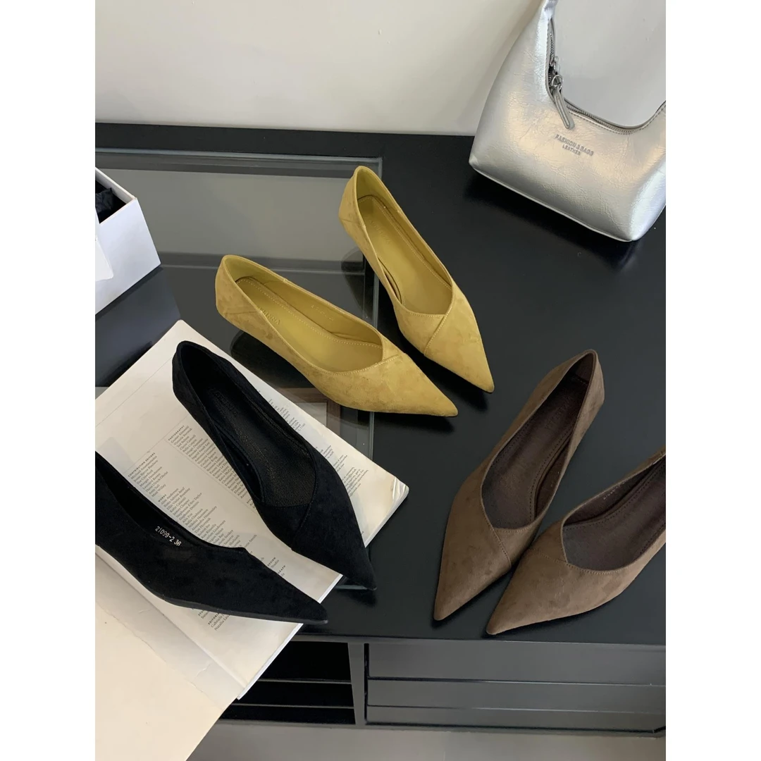 尖头绒面浅口细跟玛丽珍单鞋2025新款夏季气质百搭职业通勤奶奶鞋