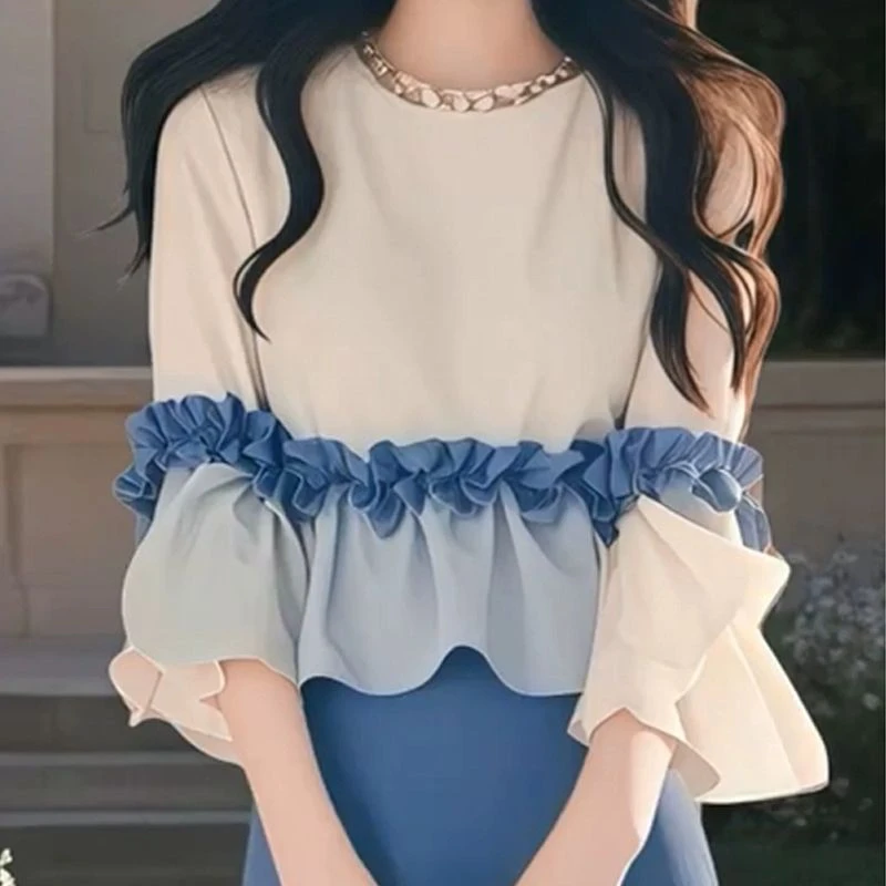 独特别致拼接荷叶边衬衫女夏季2025年新款设计感小众上衣绝美衬衣