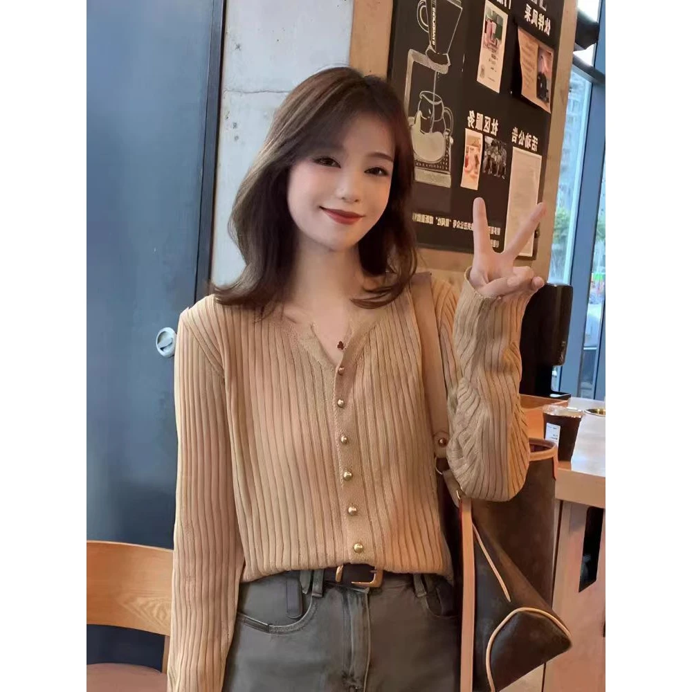 MY224长袖针织衫V领女新款女装外搭开衫软糯毛衣外套薄款上衣