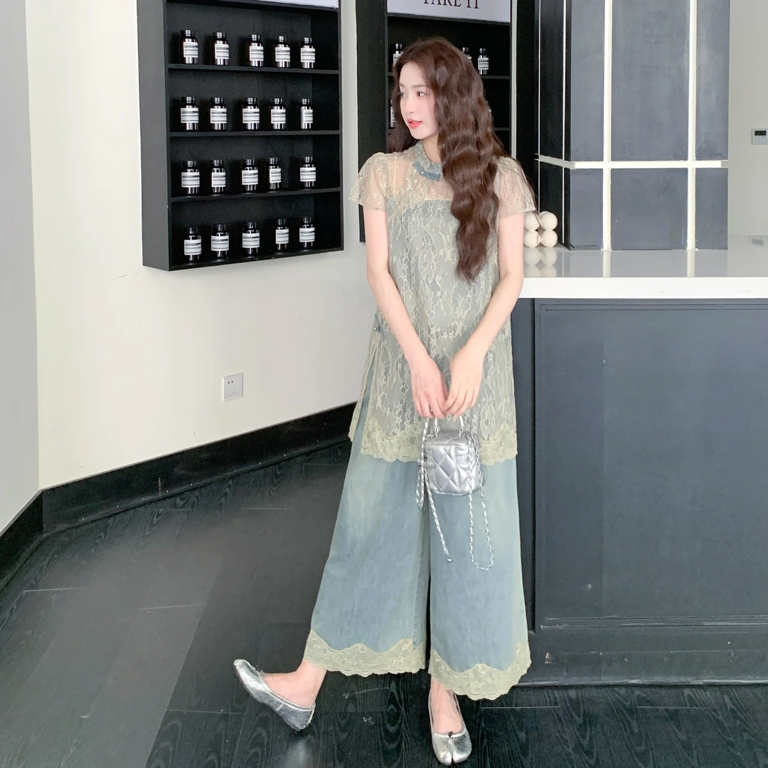 新中式国风衬衫套装女2025显瘦新款绝美牛仔裤蕾丝两件套气质