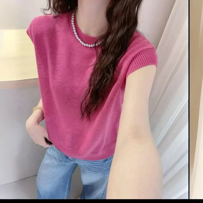 夏季薄款宽松型短袖圆领毛针织衫毛衣小众宽松纯色