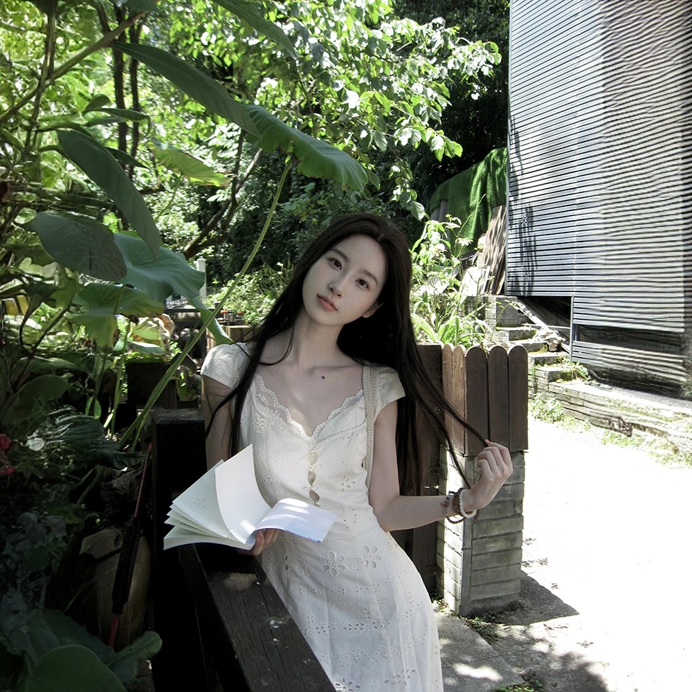 法式短袖简约蕾丝拼接连衣裙收腰修身气质长裙