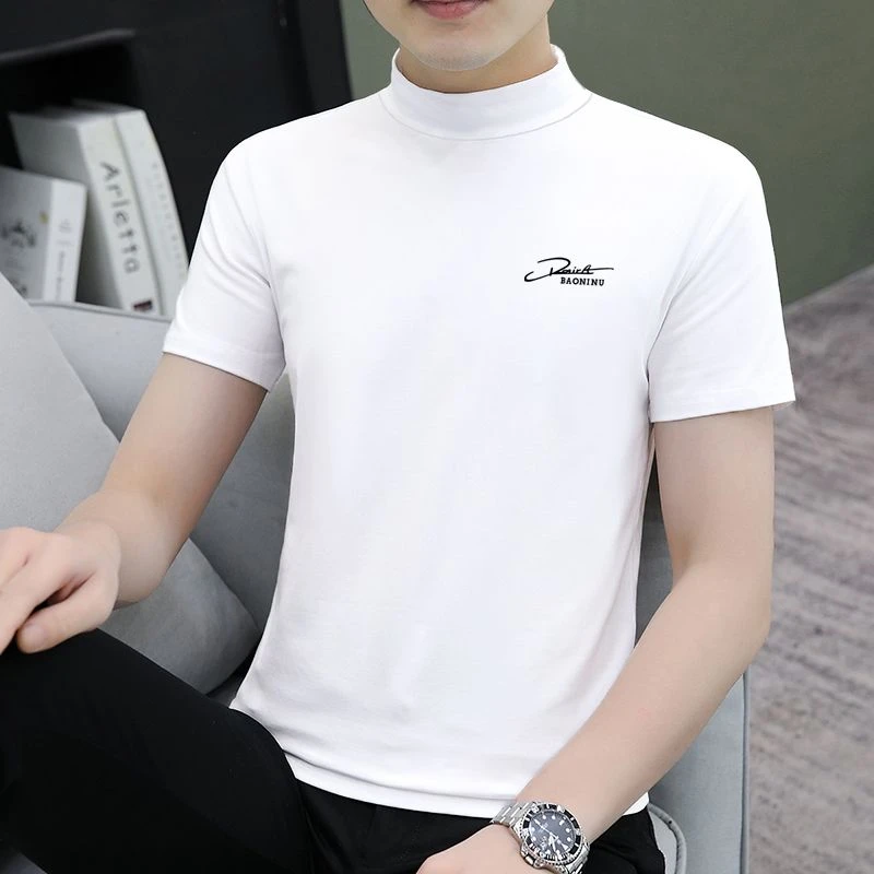 半高领短袖T恤男装衣服夏季男士半袖2025潮流新款印花中领体恤衫