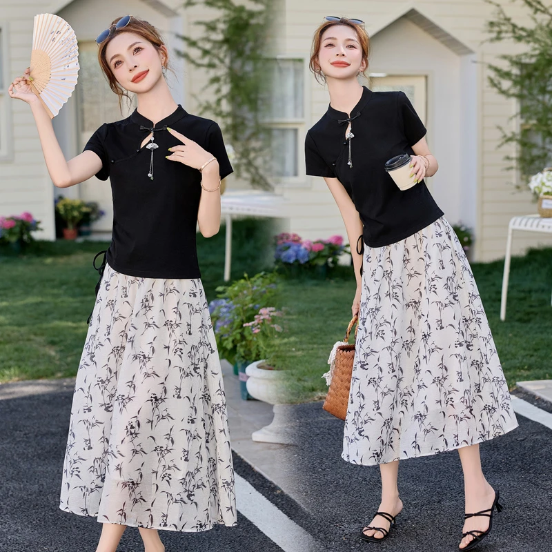 新中式国风印花套装裙女2025年夏季新款复古盘扣气质半身裙两件套