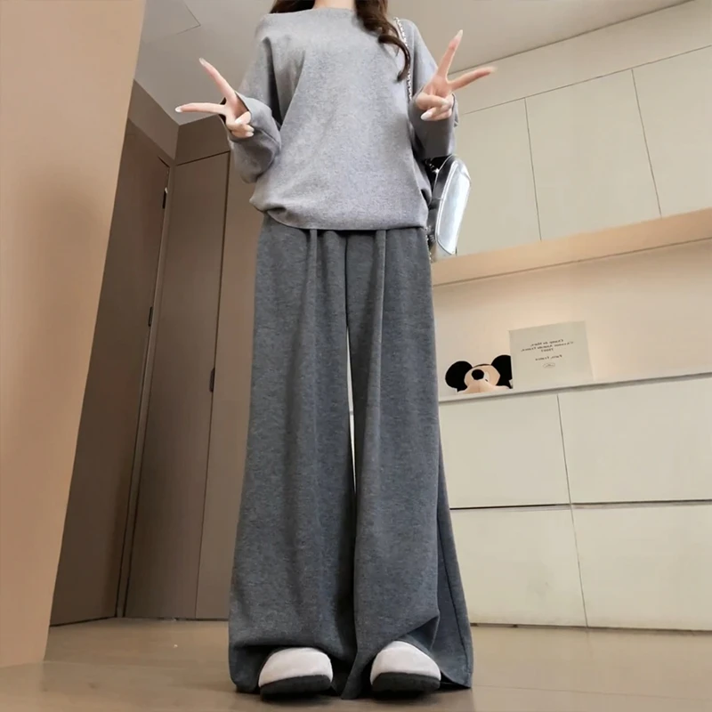 大码高腰糯米阔腿裤女秋冬加绒加厚胖mm梨型身材宽松显瘦直筒裤子