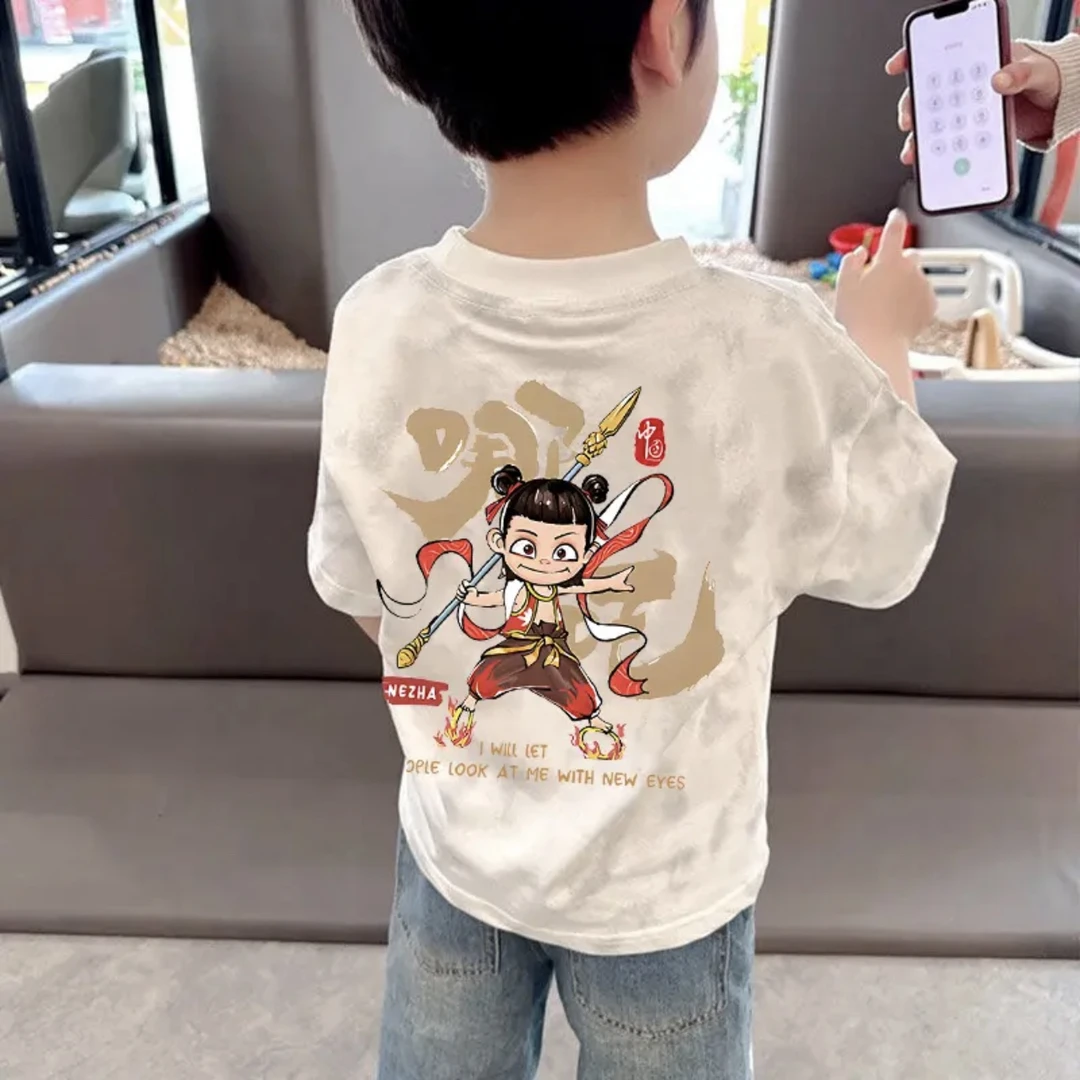扎染哪吒印花短袖圆领夏季百搭男童T恤帅气夏装女童上衣宝宝半袖