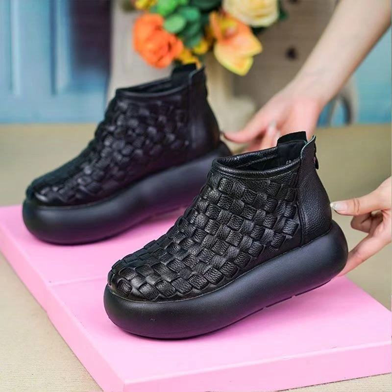 复古休闲手工编织松糕厚底真皮短靴女2025新款牛皮单靴棉靴清货